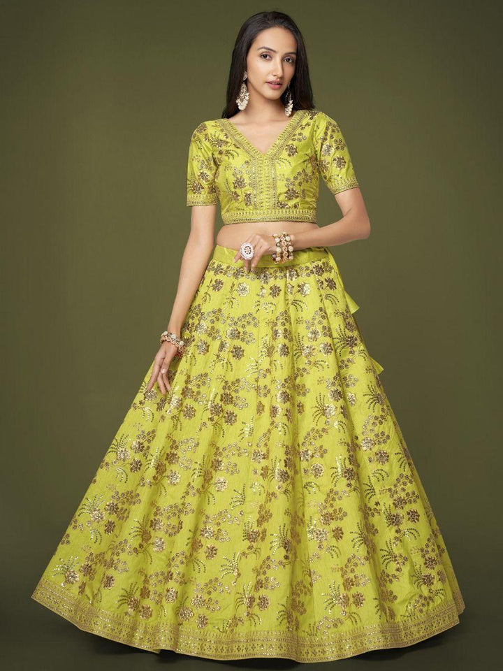 Eye-Catching Neon Green Lehenga | Slub Silk with Sequins & Dori Work for Weddings