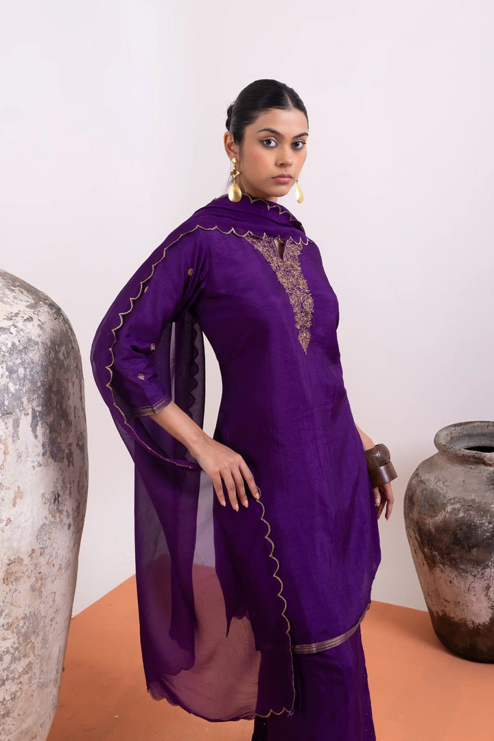 Palazzo Set in dark-purple | Perfect khat work machine resham work linening work