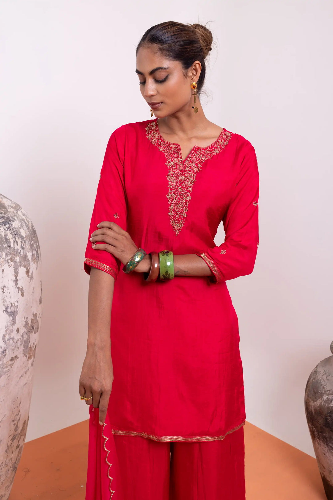 Bright-pink Palazzo Set | Crafted with dola-silk and khat work linening work