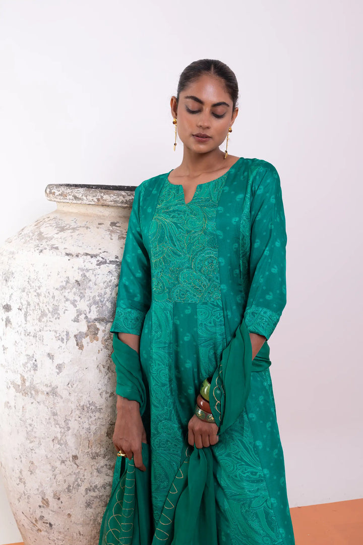 Teal-green Kurtis Set | Beautiful russion-silk hand work Finish