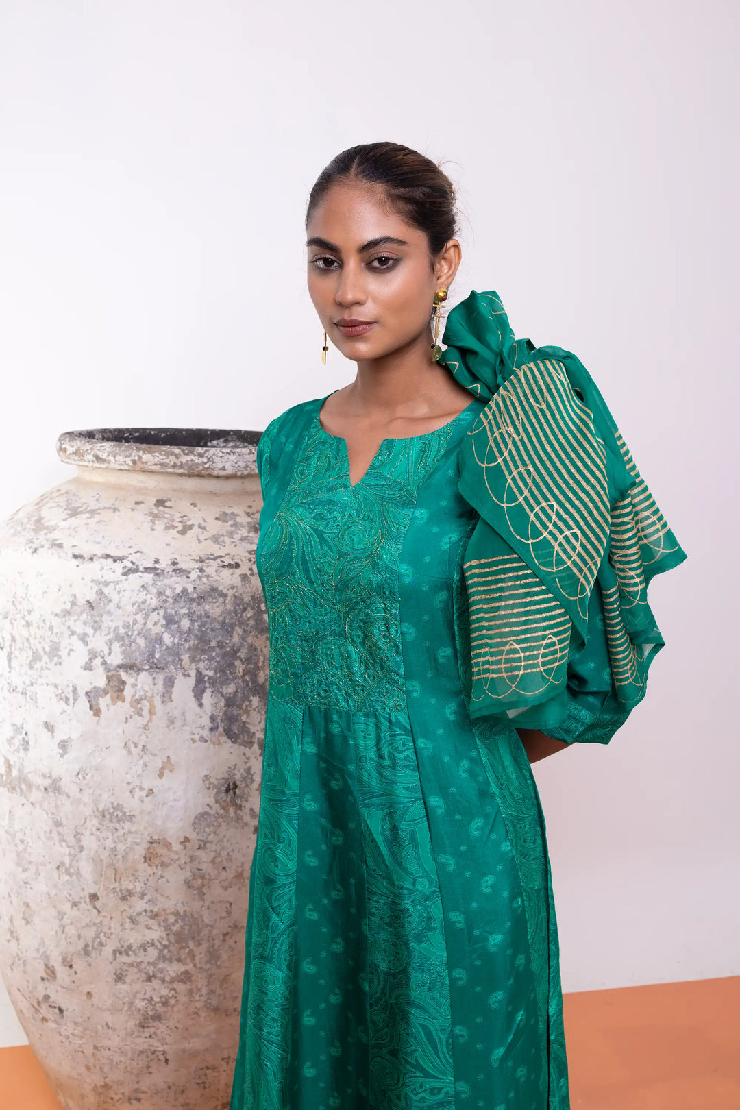 Teal-green Kurtis Set | Beautiful russion-silk hand work Finish