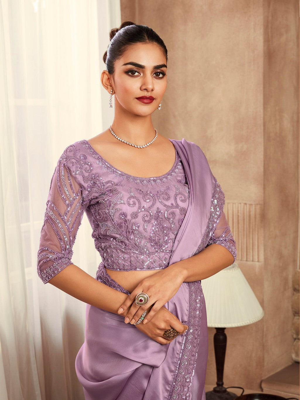 Lavender Satin Silk Saree | Timeless Grace with Delicate Handwork