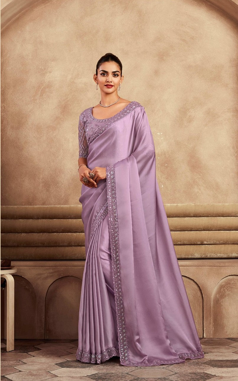 Lavender Satin Silk Saree | Timeless Grace with Delicate Handwork