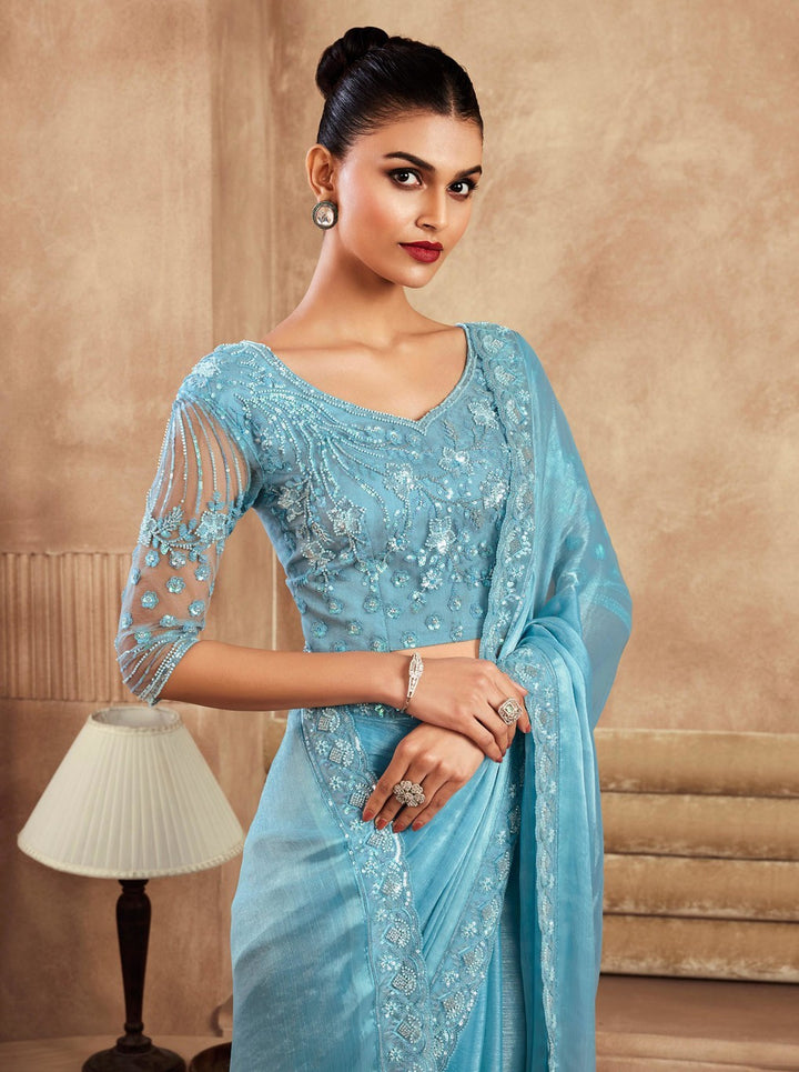 Elegant Sky-Blue Chiffon Silk Saree | Perfect for Weddings & Celebrations