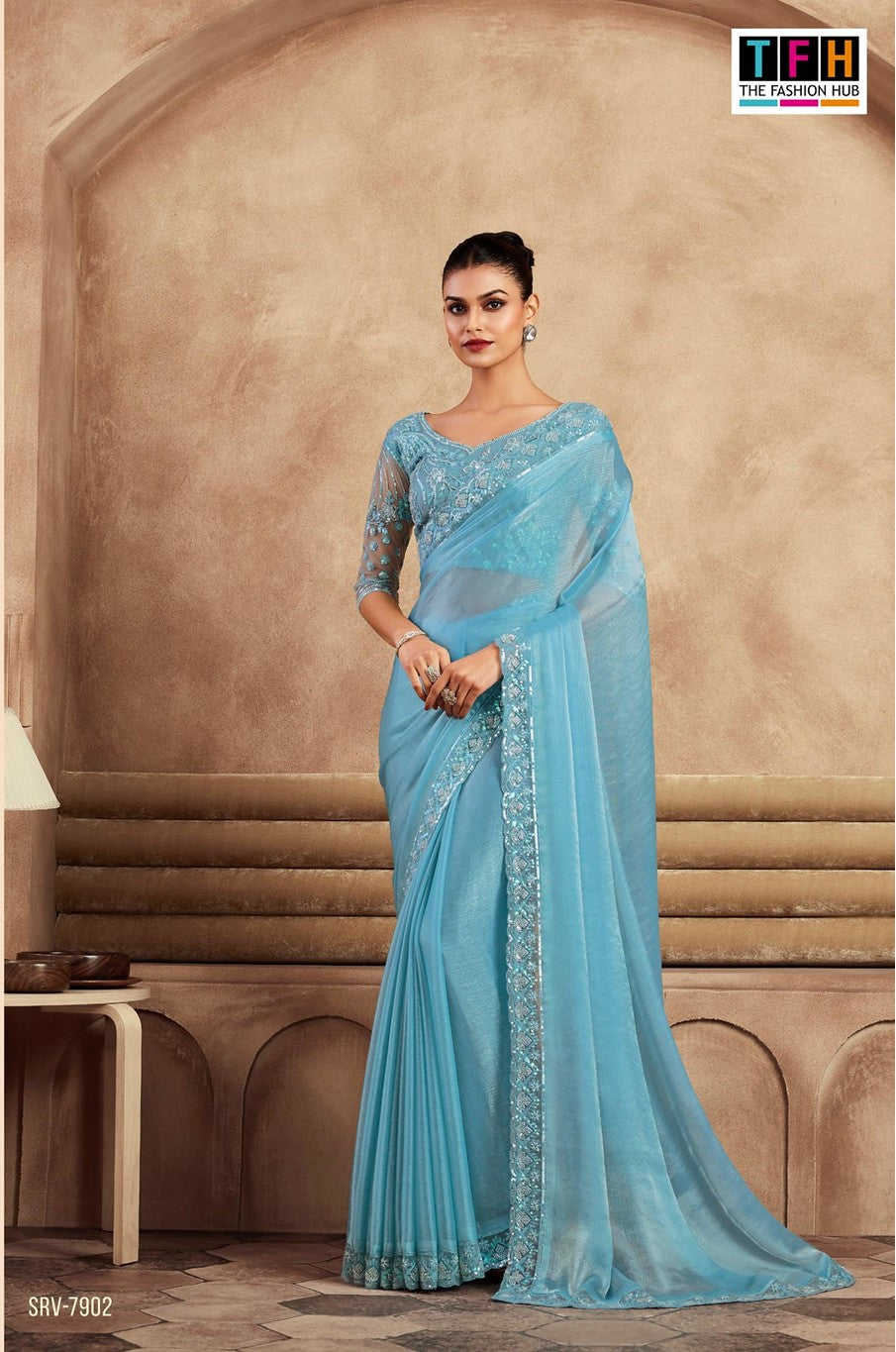 Elegant Sky-Blue Chiffon Silk Saree | Perfect for Weddings & Celebrations