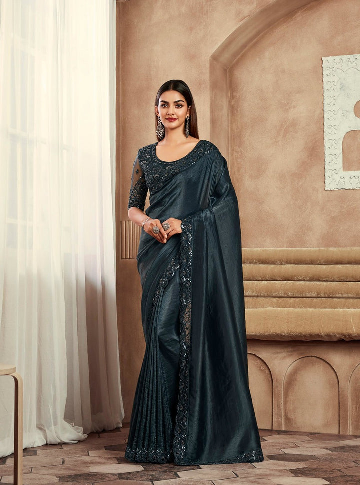 Black Imported Soft Silk Saadi | Timeless Saree for Special Occasions