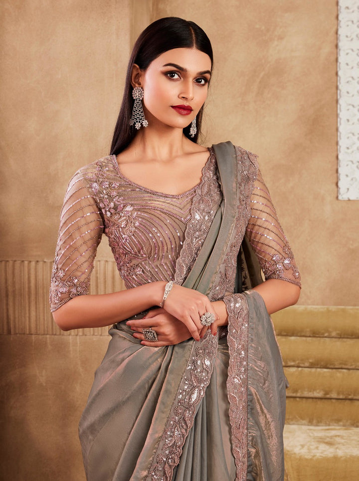 Dusty-Grey Silk Sari with Gold Flakes | Timeless Saree for Special Occasions