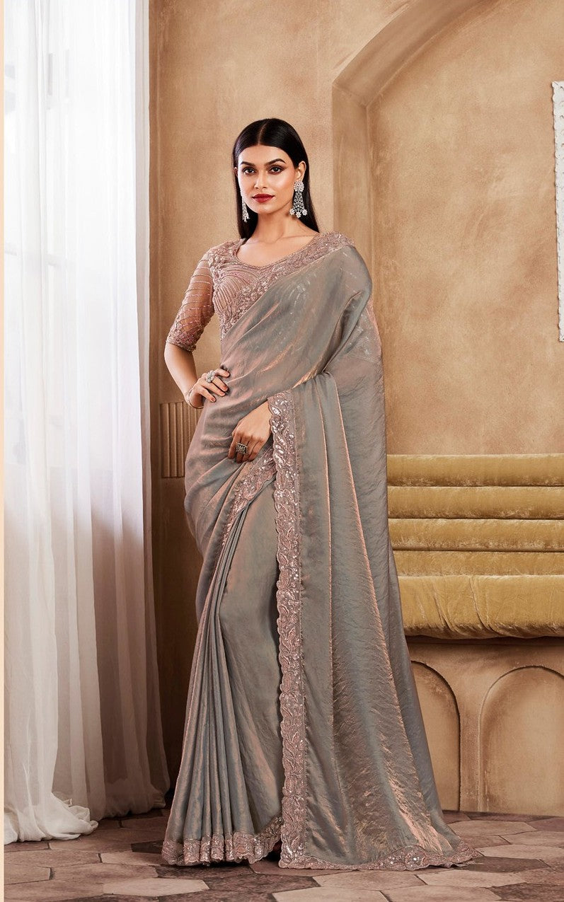 Dusty-Grey Silk Sari with Gold Flakes | Timeless Saree for Special Occasions