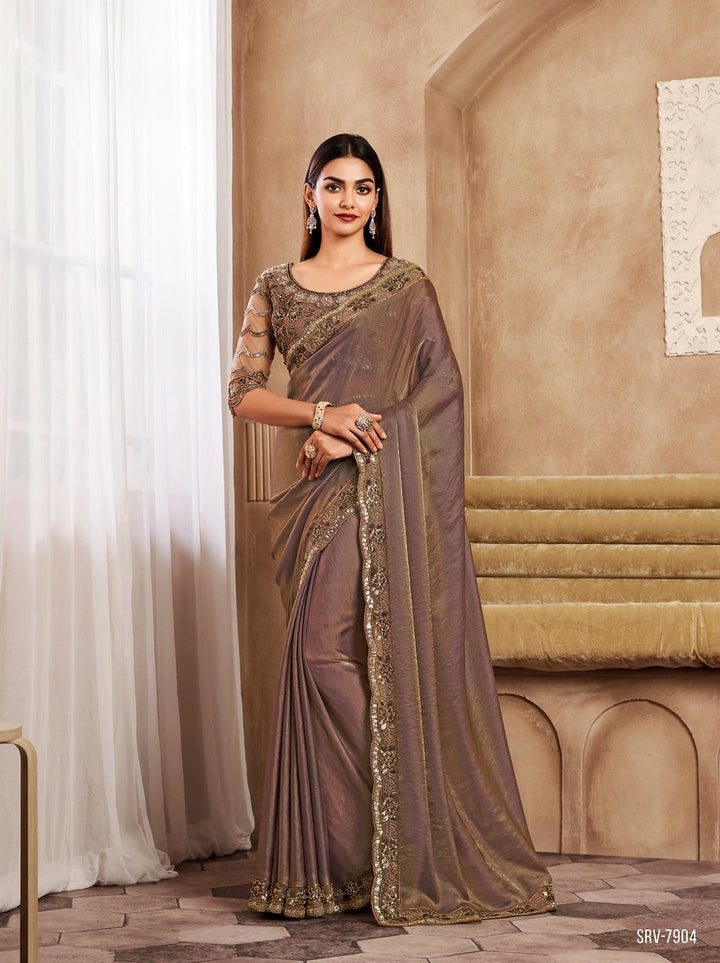 Luxurious Brown Gold Flake Silk Saree | Traditional Indian Sari with Elegant Handwork