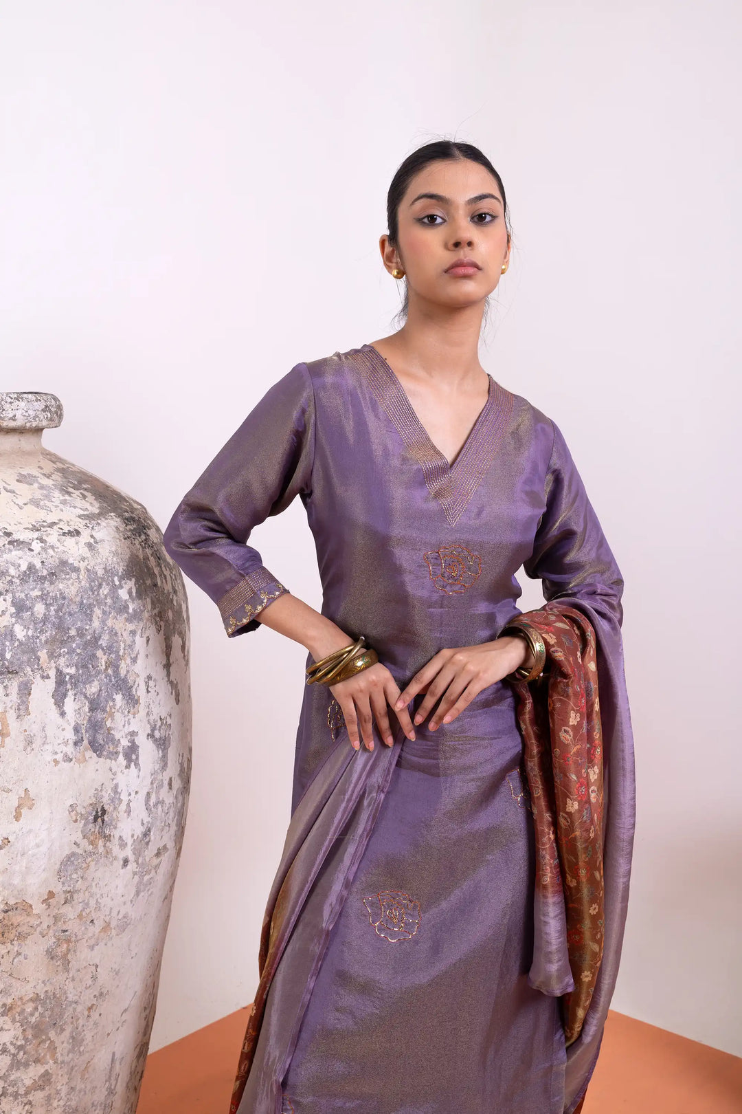 Kurtis Set in lilac | Perfect khat work digital print with tissue-silk