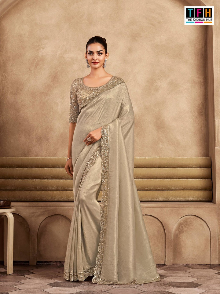 Subtle Beige Shine & Silk Saadi | Timeless Elegance for Formal & Wedding Events