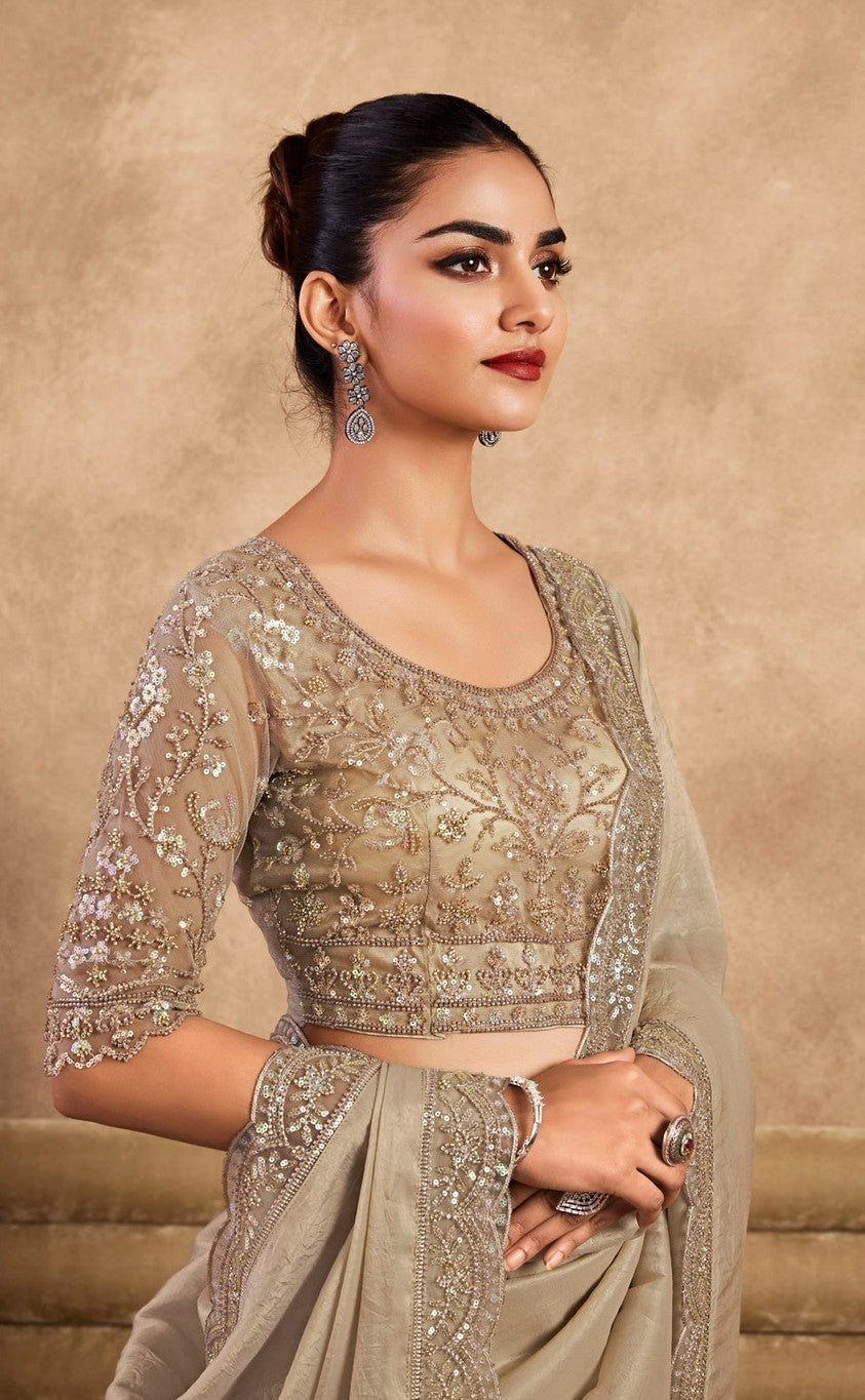 Subtle Beige Shine & Silk Saadi | Timeless Elegance for Formal & Wedding Events