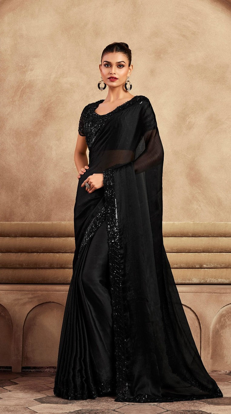 Elegant Black Soft Chiffon Saree | Sheer Fabric with Stunning Handwork for Special Occasions