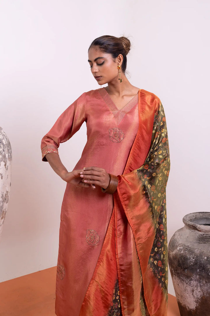 Kurtis Set red-orange | A Blend of tissue-silk and khat work linening work digit