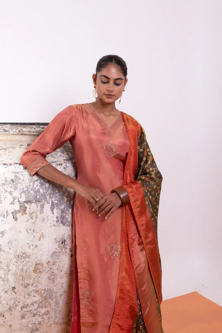 Kurtis Set red-orange | A Blend of tissue-silk and khat work linening work digit