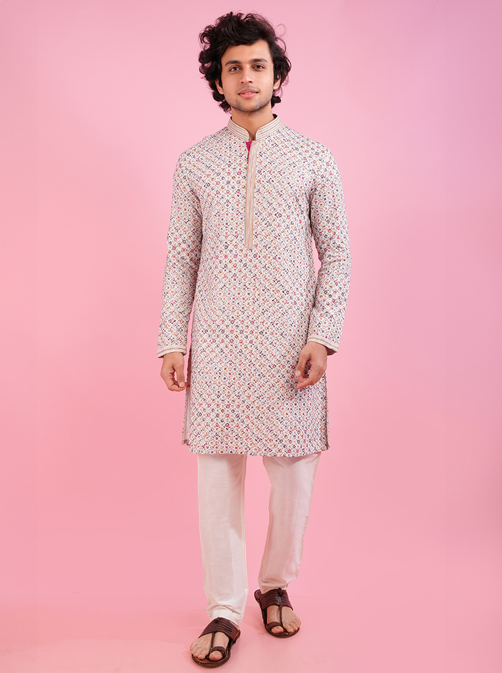 Men’s cream silk kurta pajama with modern design, an ideal USA traditional wardrobe addition.