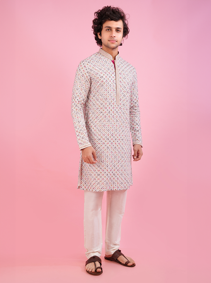 Stylish cream silk kurta pajama for men’s USA festive and cultural events.