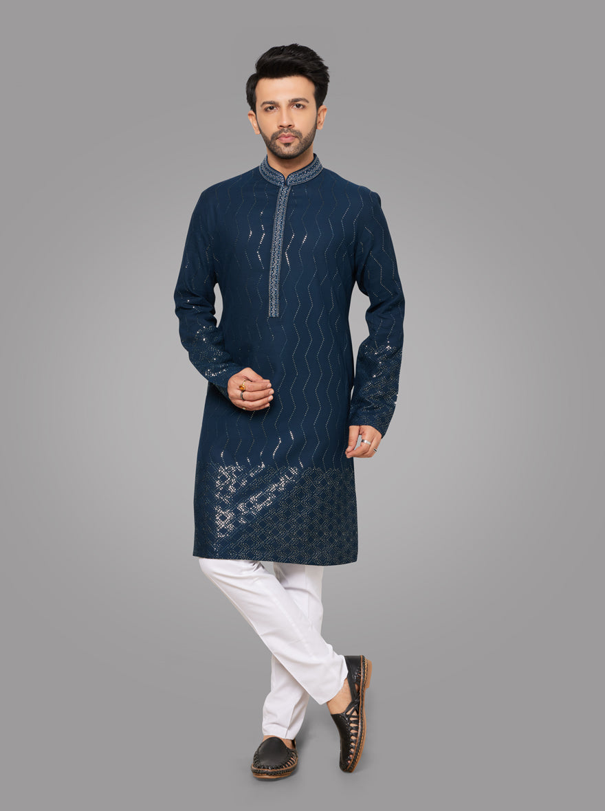 Teal Blue Kurta Pajama Set for Men  Traditional Embroidered Design