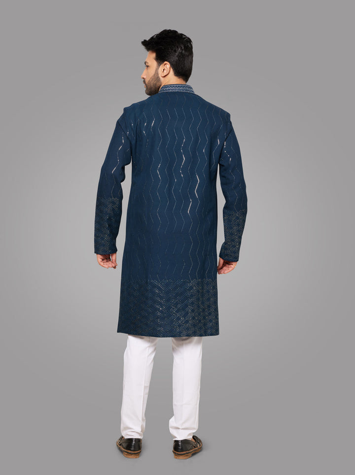 Teal Blue Men's Kurta Pajama Set Premium Georgette Fabric & Detailed Embroidery