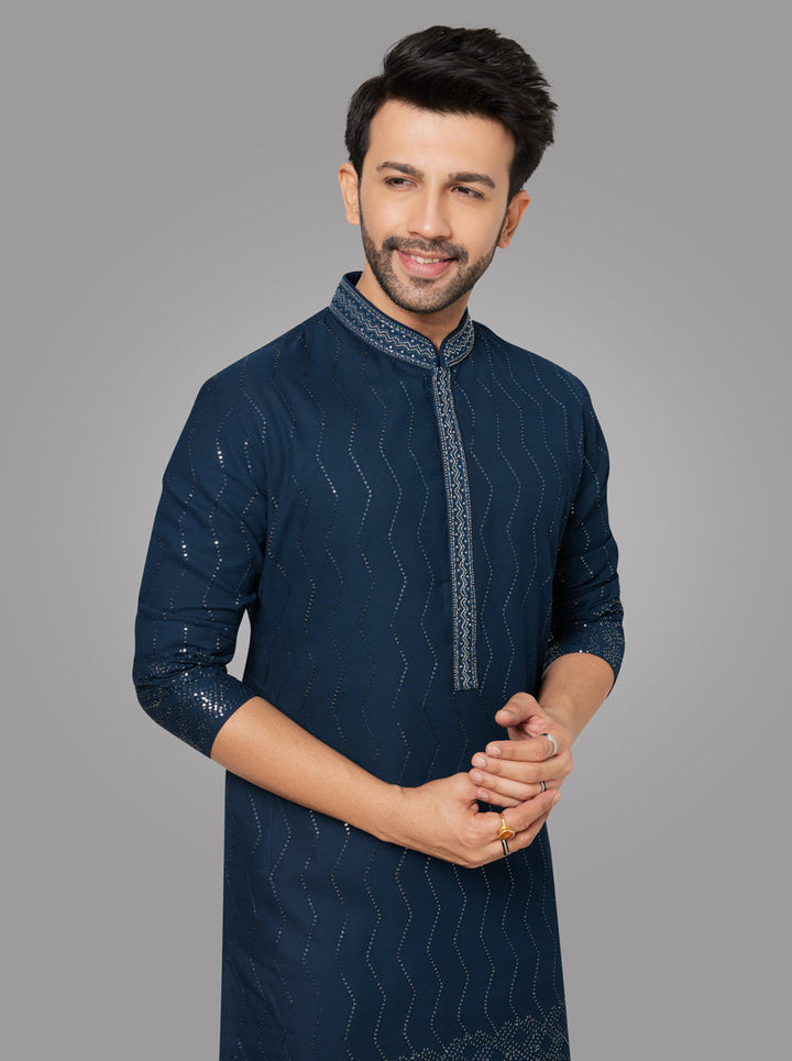 Men's Ethnic Kurta Pajama in Teal Blue Elegant Embroidery & Diamond Work