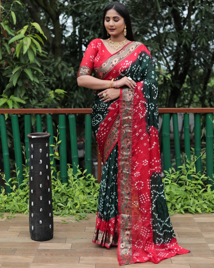 Elegant blue Bandhej Tapeta silk saree with detailed craftsmanship and beautiful dual-color effect.