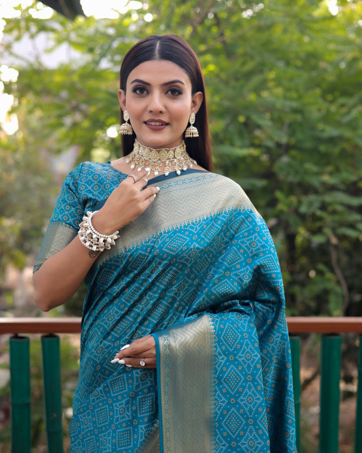 Elegant blue saree with a rich woven pallu and kanchi borders, ideal for weddings and cultural celebrations.