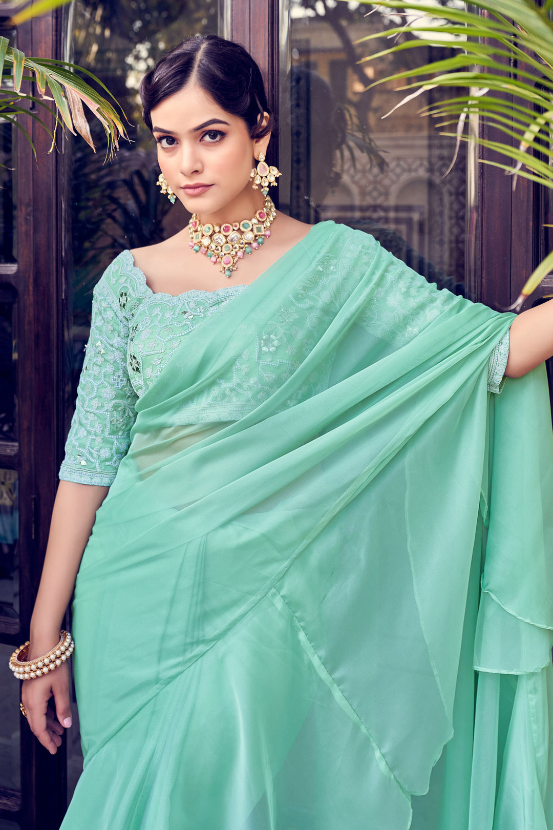 Sea Green Organza Saree | Ruffled Design with Zari Work