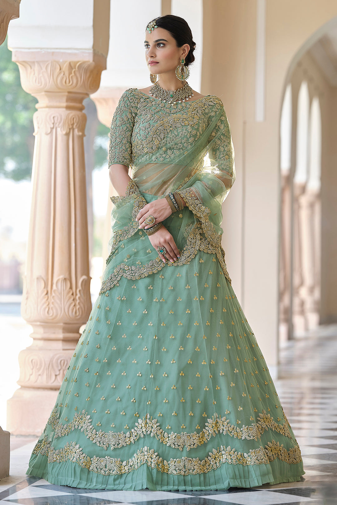 Pista Green Soft Net Lehenga | Sequins and Dori Work Lehenga for Women