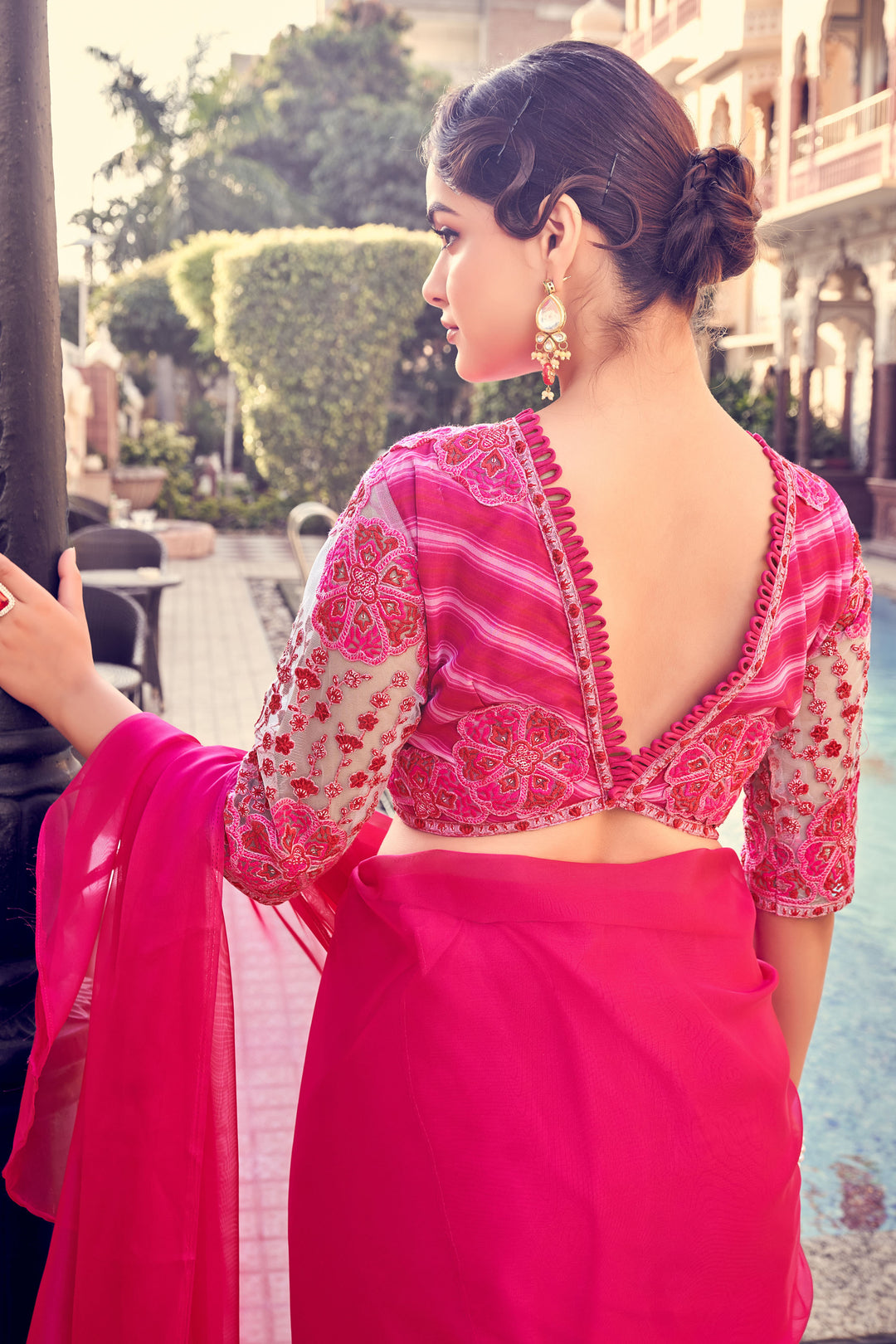 Bright Pink Ruffled Saree | Elegant Organza Design with Zari Work