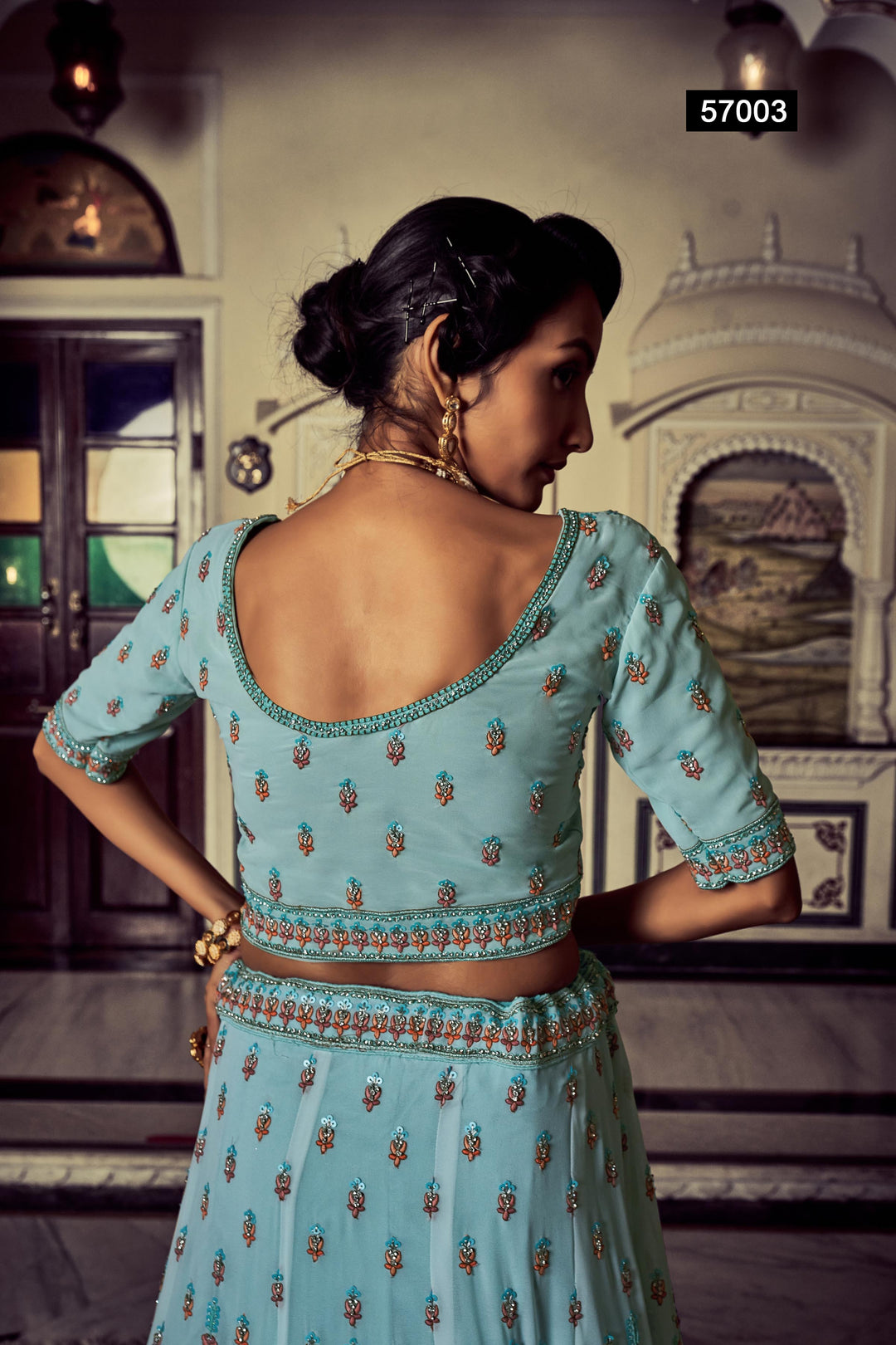 Turquoise Georgette Embroidered Lehenga | Thread & Sequins Work with Dupatta