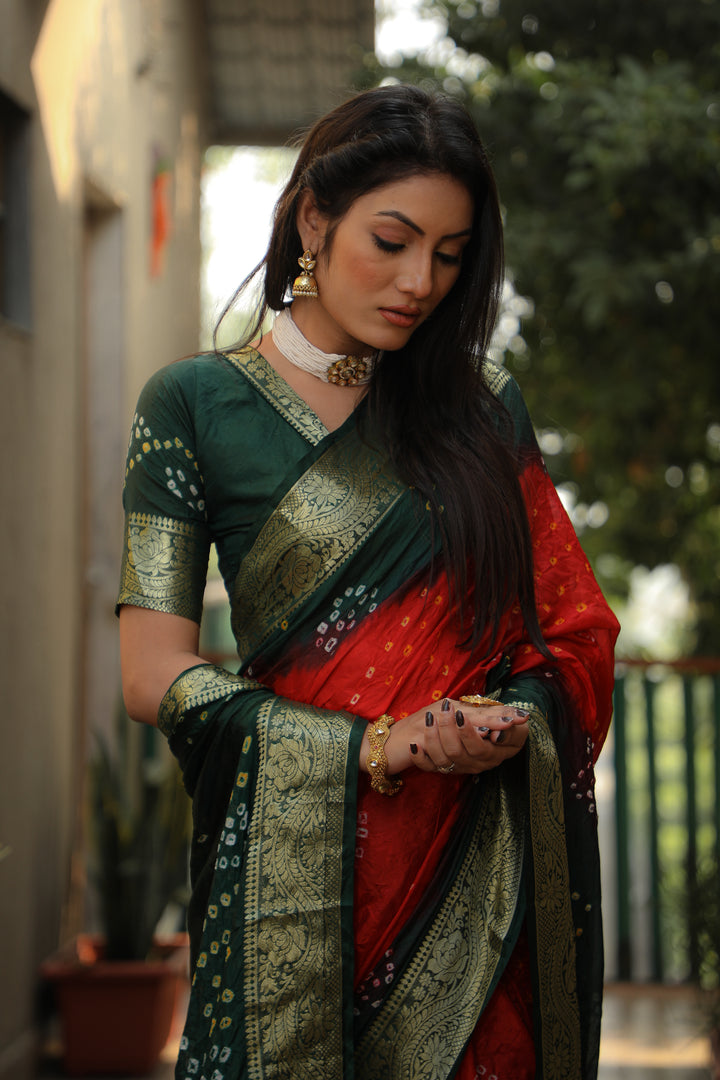 Bright red Bandhej Tapeta saree, blending traditional elegance with modern comfort.