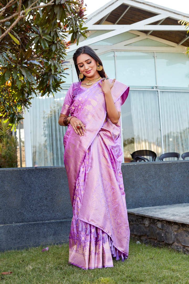 Exquisite Purple Satin Silk Wedding Saree with dual weave design and elegant pallu, perfect for weddings.