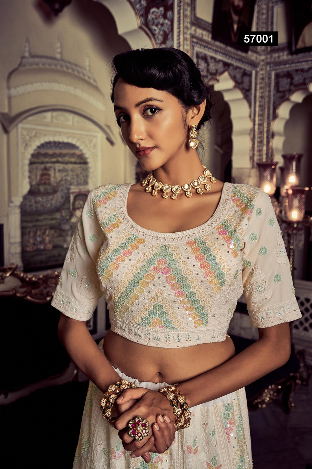 White Georgette Embroidered Lehenga | Semi-Stitched with Blouse