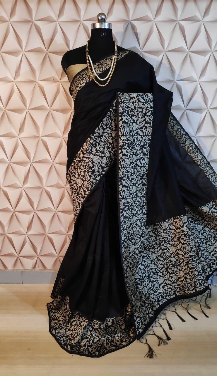 Timeless black Banglori raw silk saree with a luxurious pallu, ideal for traditional events.