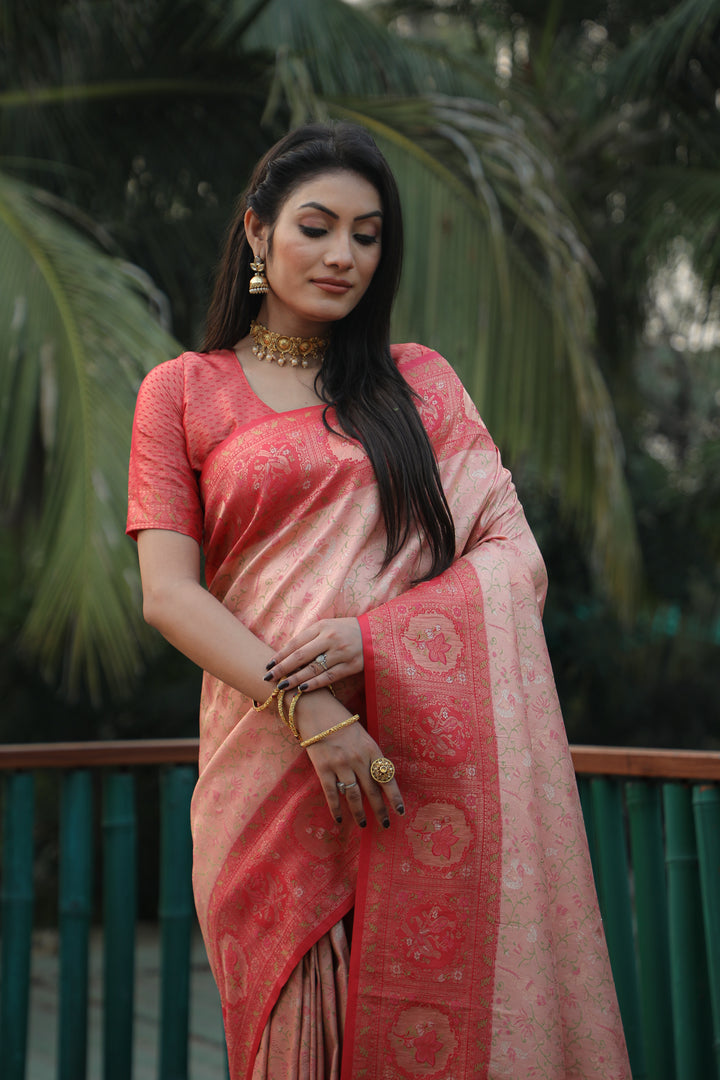 Stunning peach saree crafted from pure Kanjivaram silk, featuring gorgeous weaving and a radiant shine for special celebrations.