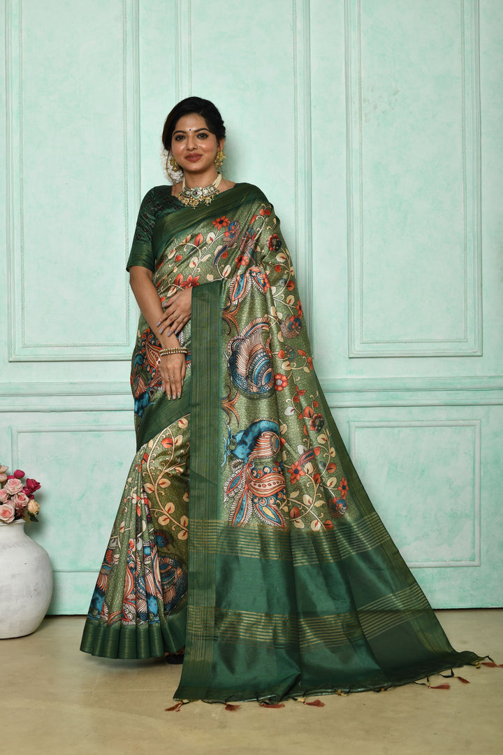 Ghicha Tussar saree with elegant Kalamkari print and tassels at the pallu