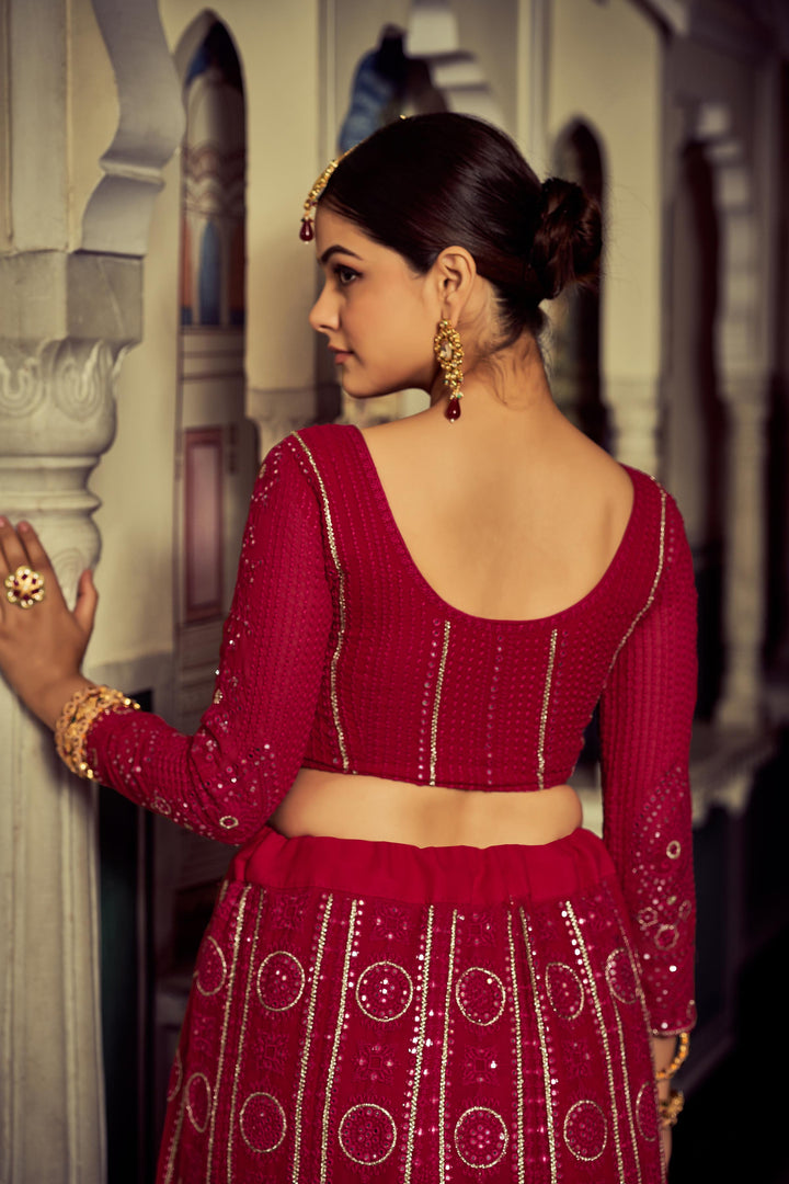 Red Georgette Embroidery Lehenga Choli | Zari & Thread Work Design