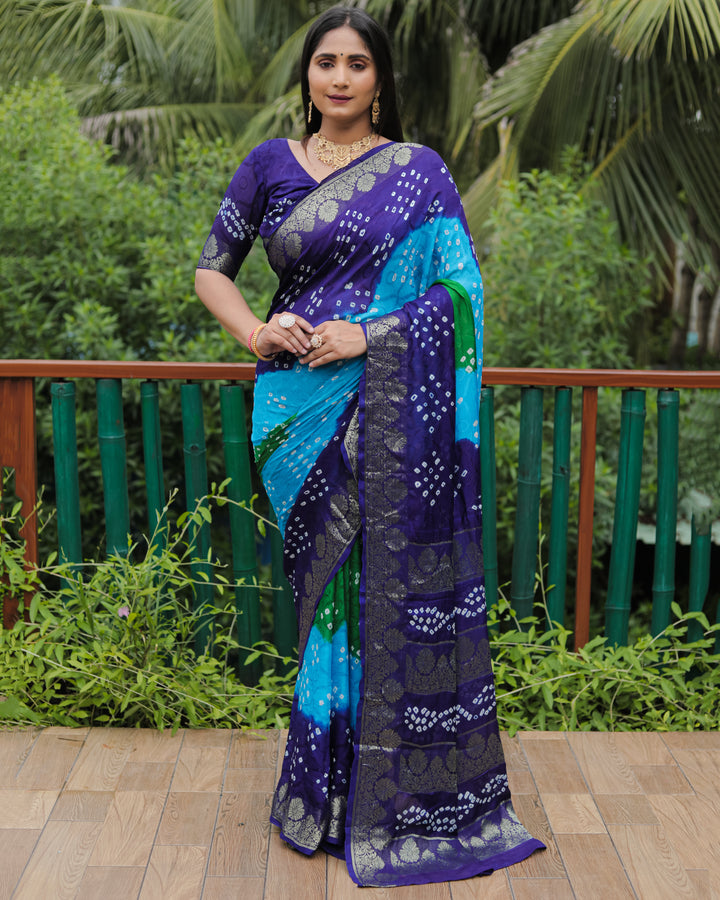 Blue Pure Bandhej Silk Saree with a stunning zari border and intricately woven pallu for elegant events.