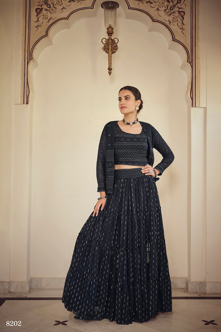 Navy Blue Georgette Lehenga Choli Set | Bridal & Party Wear Lehenga