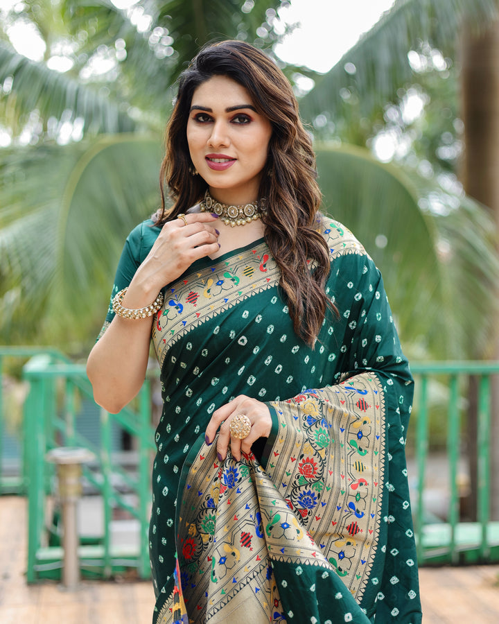 Timeless Paithani Bandhej silk sadi featuring traditional elegance in purple, blue, and green.