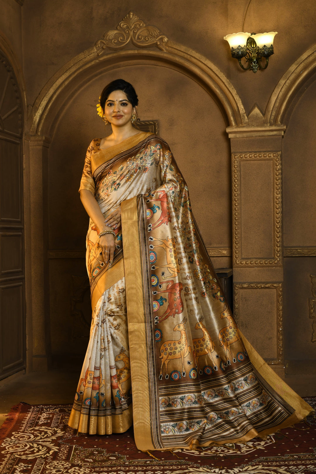 Yellow Kalamkari Tussar Silk Saree with a contrast blouse, perfect for summer festivals and events in the USA.