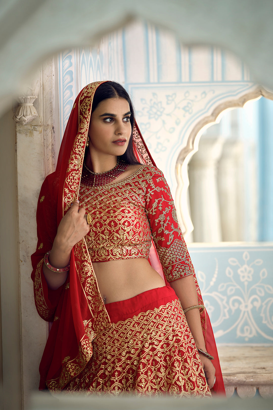 Red Zari Embroidered Semi Stitched Lehenga | Georgette Fabric with Blouse