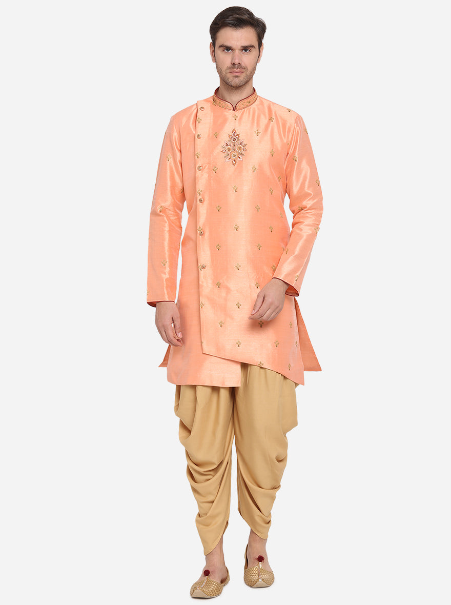 Step into sophistication with this trendy Peach Semi-Indo Western set, designed for stylish men celebrating special occasions in the USA.