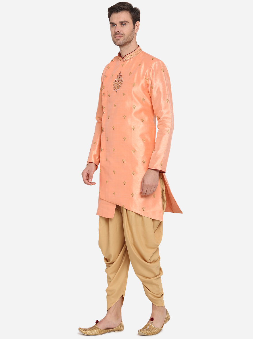 Comfortable Peach Semi-Indowestern Kurta for men, paired with a contrasting dhotti for modern elegance.