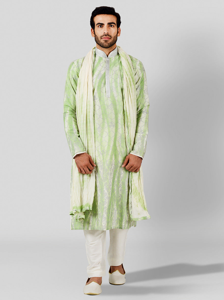 Green & cream kurta pajama for men, featuring elegant embroidery, perfect for festive occasions in the USA.