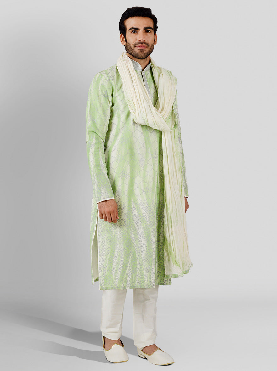 Green & cream embroidered kurta pajama for men, designed for comfort and style in the USA.