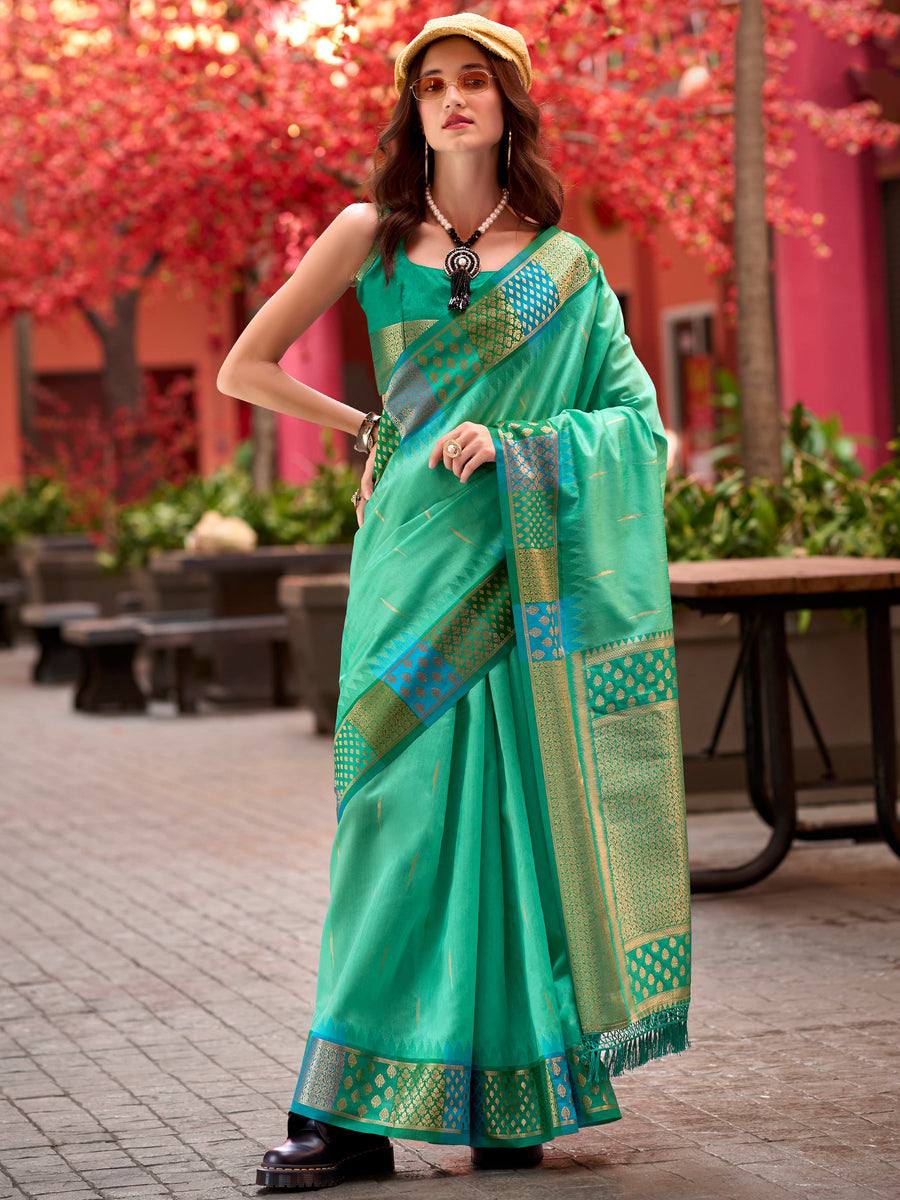 Green silk saree crafted for elegance and style.