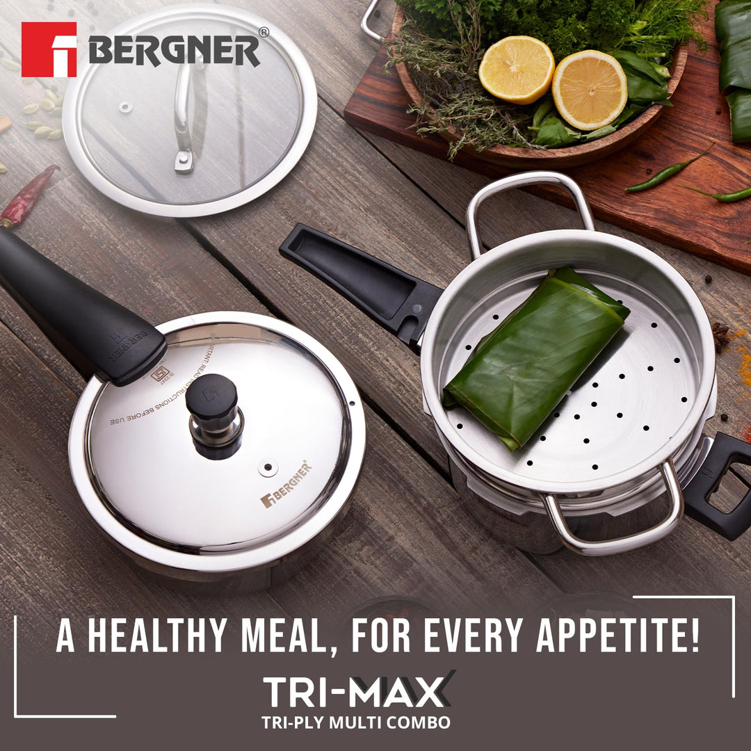 Bergner Tri-Max Triply Combo | 3L Pan, 5L Cooker, Steamer with Glass Lid