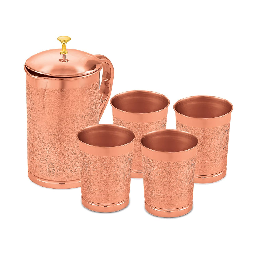 Attro Pure Copper Kumbh Jug 1.25L with Glass Set | Carving Finish