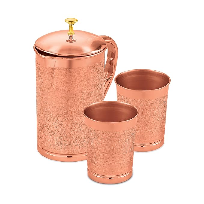 Attro Pure Copper Kumbh Jug 1.25L with Glass Set | Carving Finish